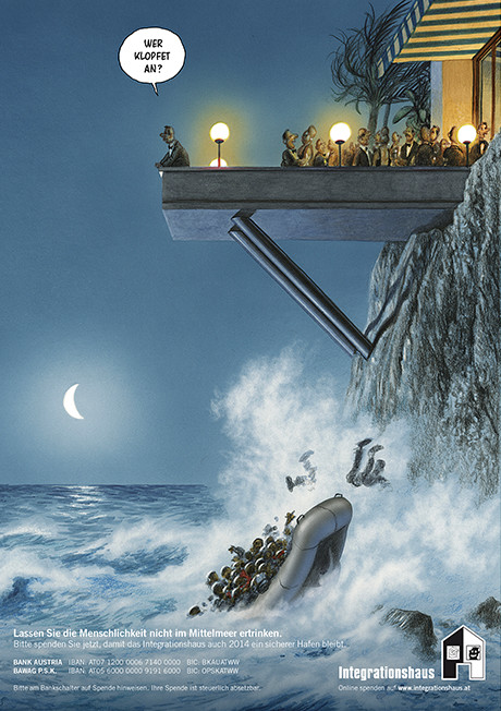 Poster cartoon depicting people on a dinghy crashing against some rocks with a cocktail party happening above them 