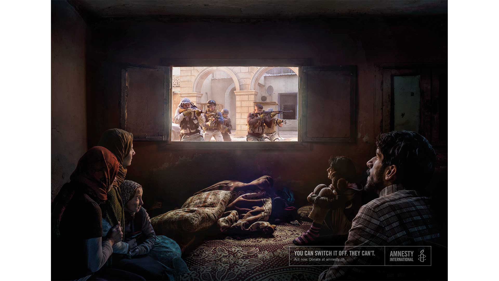 A family looking out of the window of their home with soldiers fighting outside