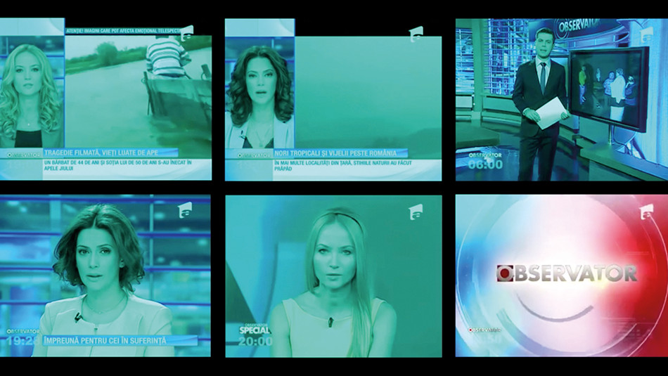 Montage of screens showing news reporters
