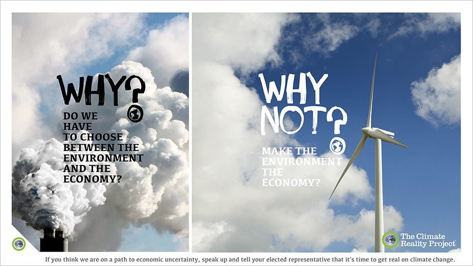 Why? Why not? poster showing pollution being emitted and a wind farm