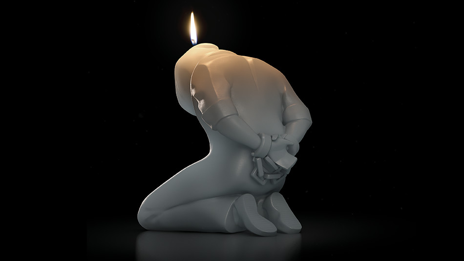 A candle moulded in the shape of a prisoner with his hands behind him handcuffed 