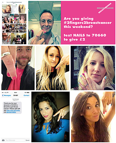 Breast cancer poster showing people with their fingers crossed