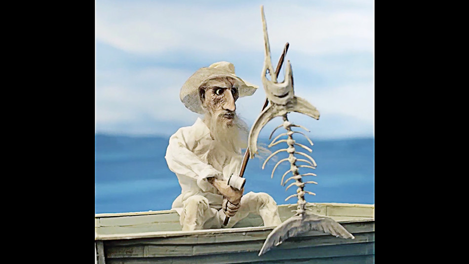 Screenshot of an animation depicting a man fishing