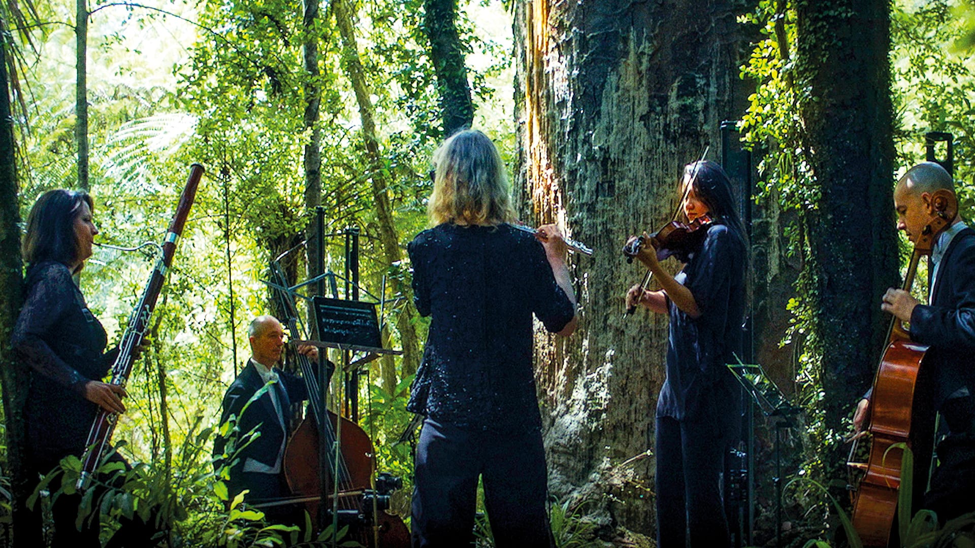 People playing instruments in a forest