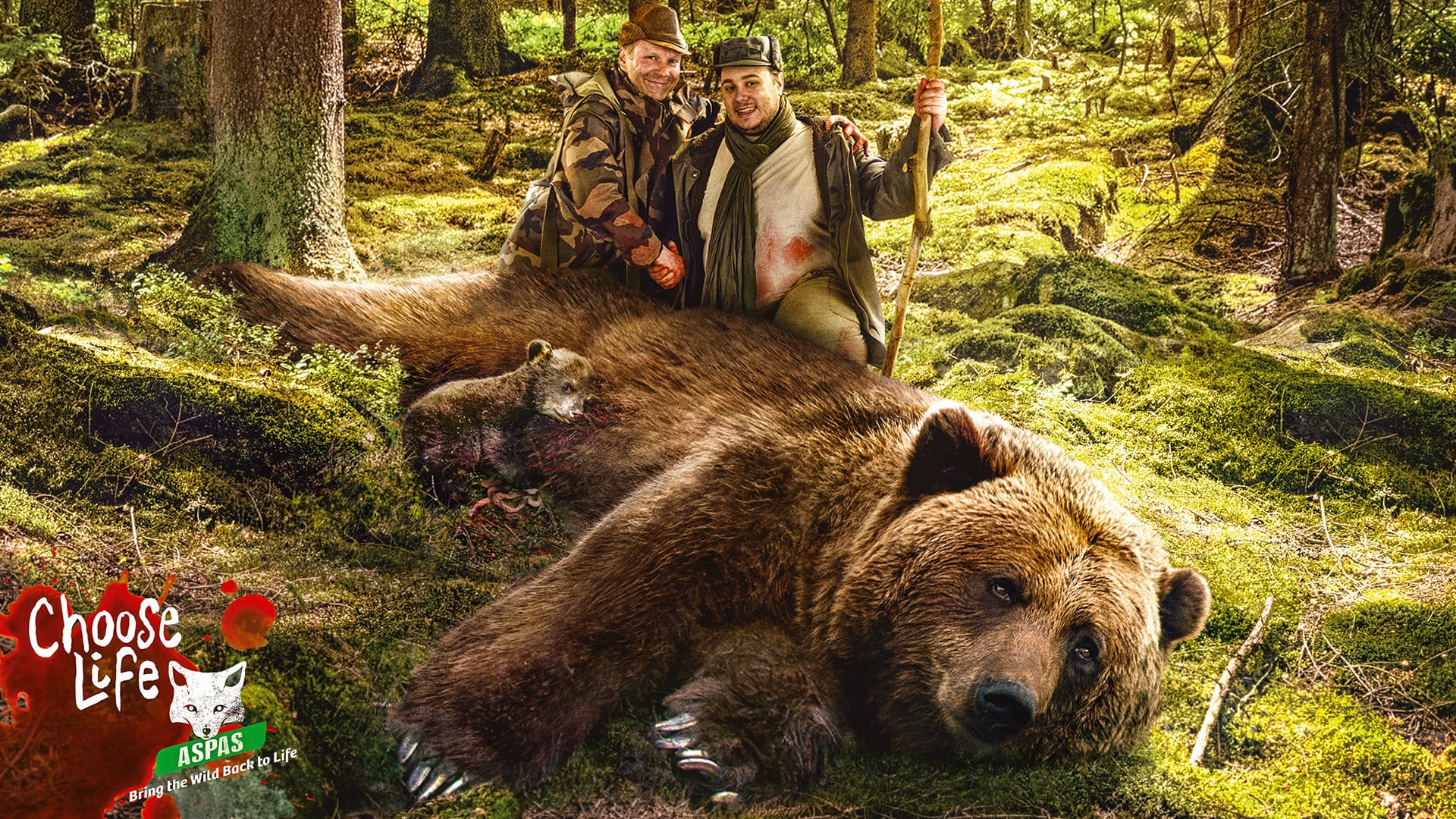 Two men next to a bear and her cub