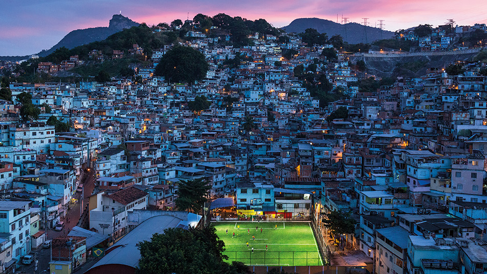 A stadium in a crowded town